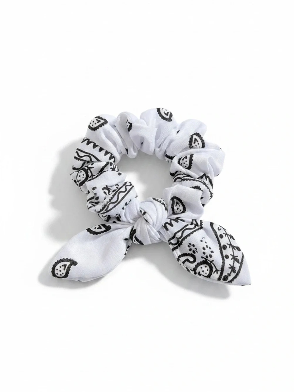 White Paisley Bandana Floral Flower Western Wired Trailing Ribbon Scrunchie